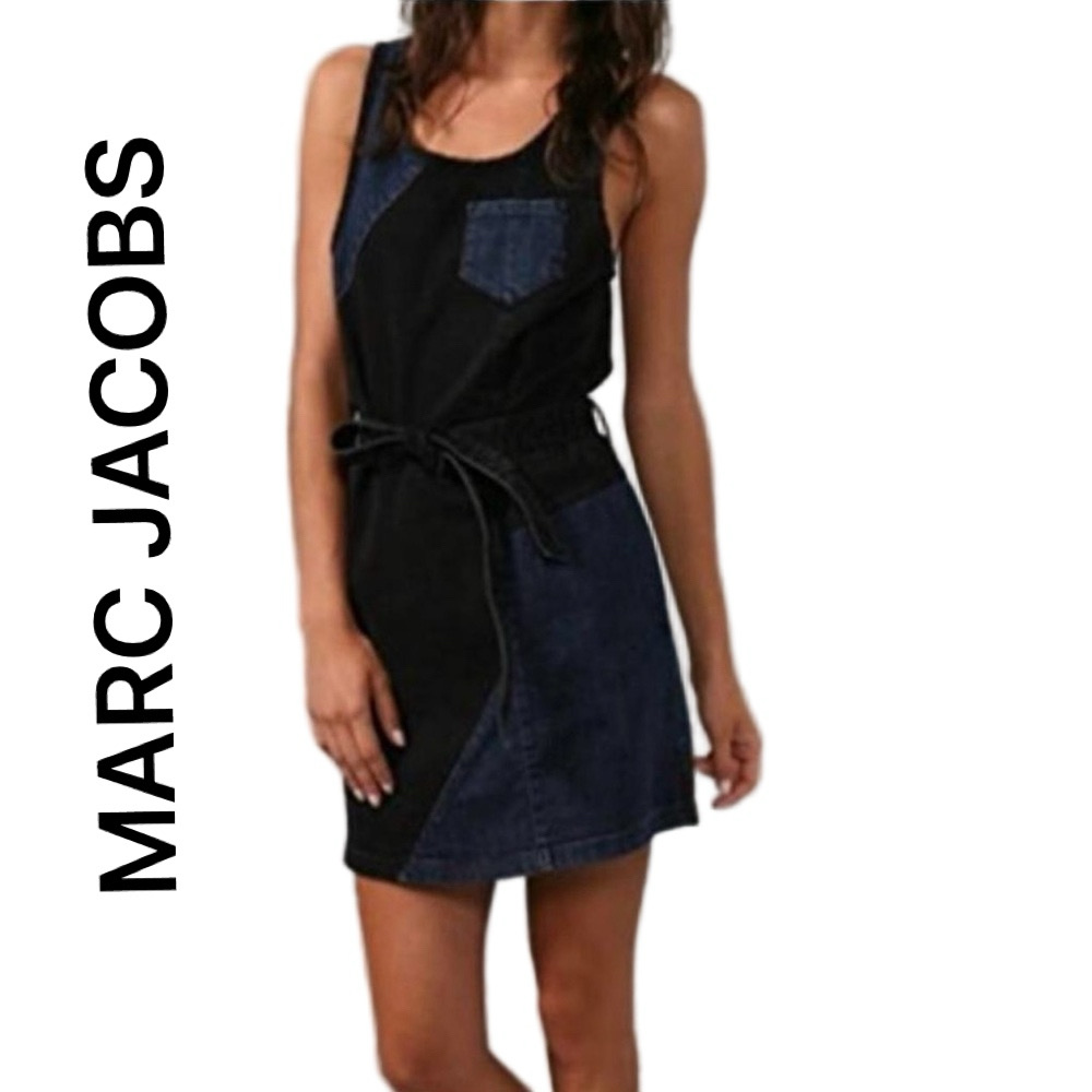 Marc Jacobs Vintage RARE Black & Blue Patchwork Denim MIDI Dress Size 4